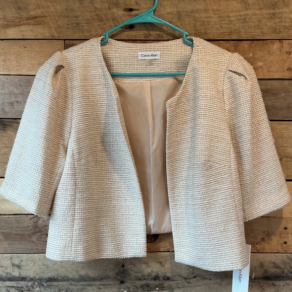 Calvin Klein Jackets & Blazers - NWT Calvin Klein Women XL Ivory Metallic Open Front Shrug Puffy 3/4 Sleeves Glam